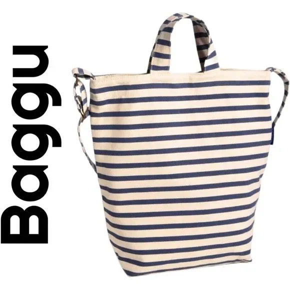 BAGGU Shoulder Tote Duck Bag, Blue & Cream Striped w/adjustable drop length - Picture 1 of 9